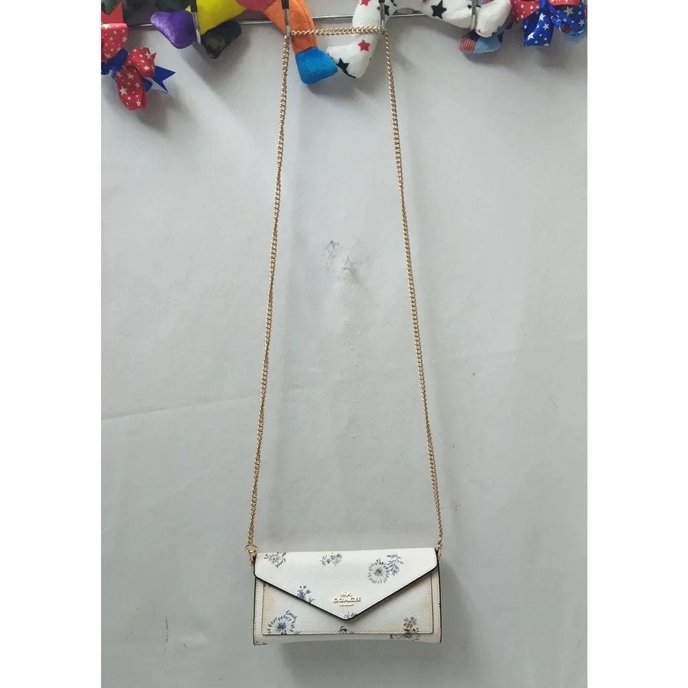 Coach White Leather Floral Flap Closure Crossbody Credit Card Wallet